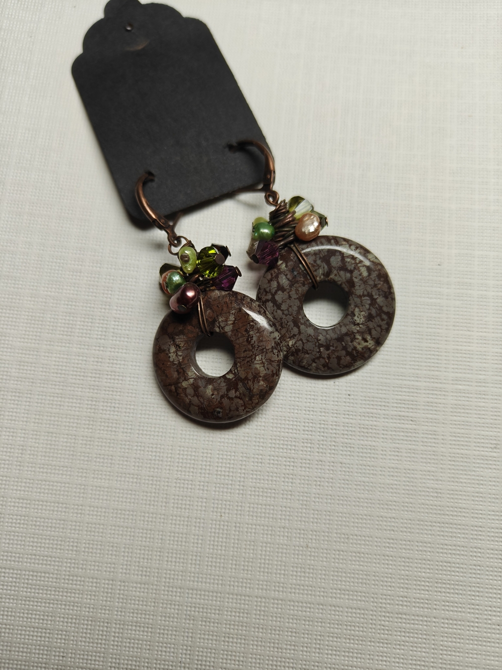 Brown Snowflake Obsidian Donut Drop Crystal Pearl Cluster Earrings Handmade